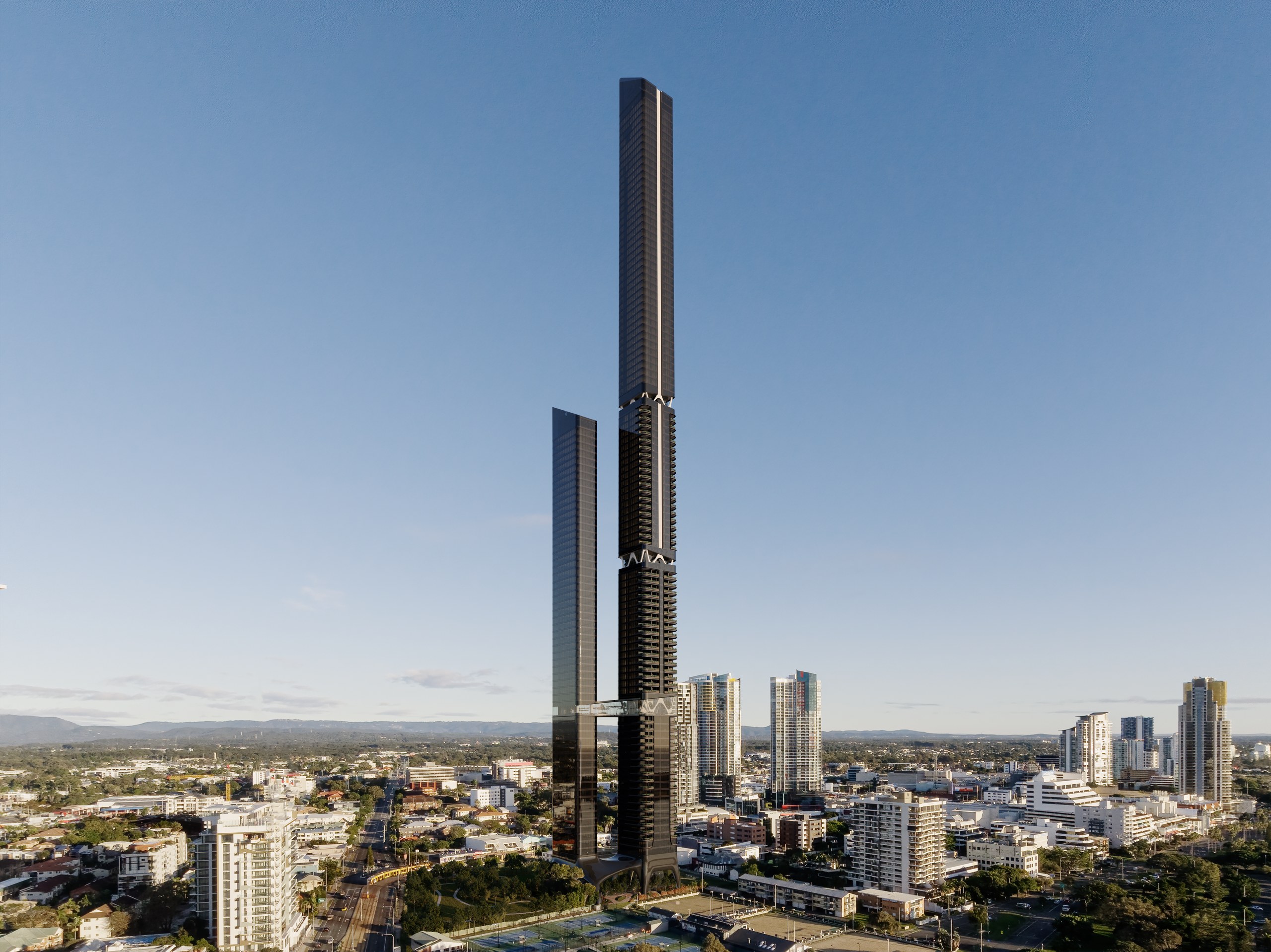 One Park Lane twin towers rising above Southport, Gold Coast — artist's impression