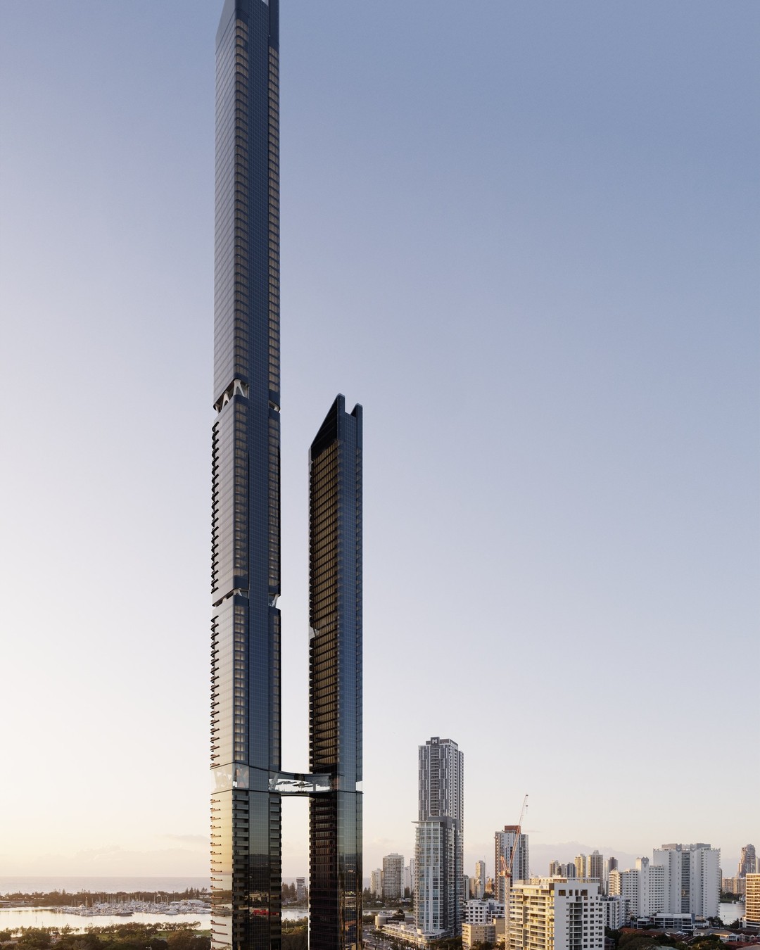 One Park Lane at dusk over the Broadwater — artist's impression