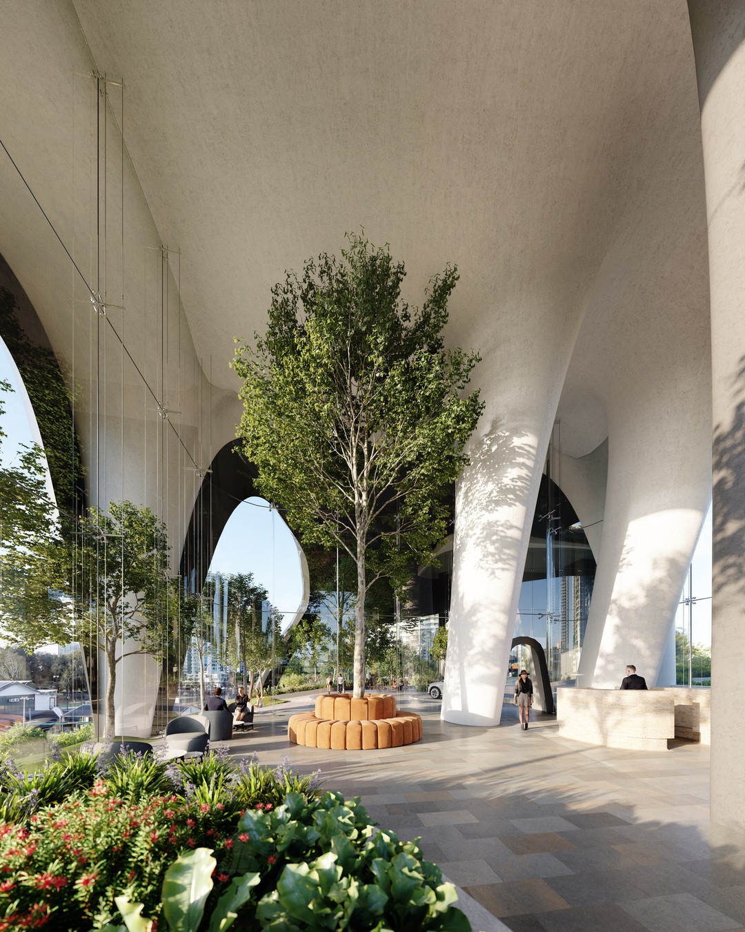 One Park Lane arrival — sculptural tree-planted entry, artist's impression